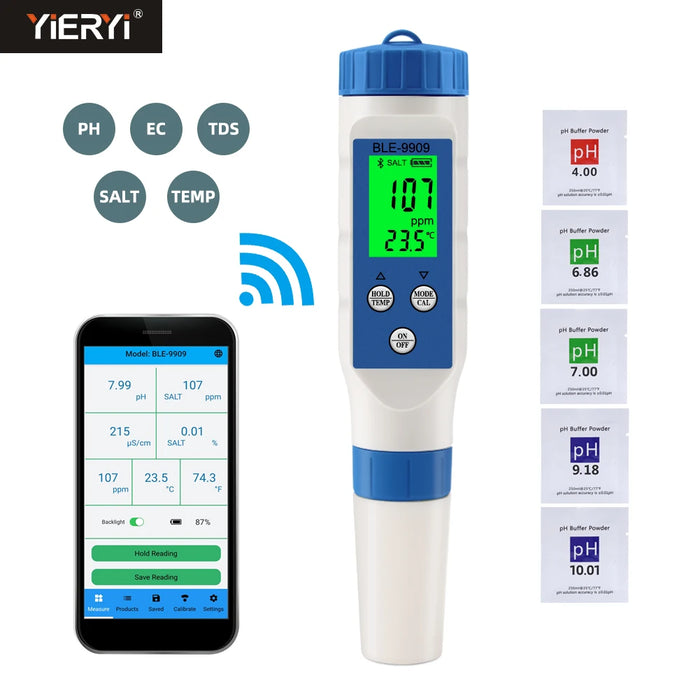 Smart 5 in 1 Salinity EC TDS Temp pH Meter Bluetooth Water Quality PH Tester APP Control for Aquarium Swimming Pool Fish Tank