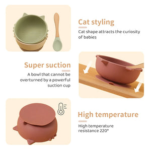 Let's make 1 Set Baby Silicone Feeding Bowl &Spoon Cartoon Cat Shape Waterproof Suction Bowl With Spoon Baby Tableware BPA Free