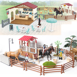 Simulation Horse Animals Farm Stable Rider,Horse Rider Cafe Playset with Horse Model and Accessories Educational Toy for Kids