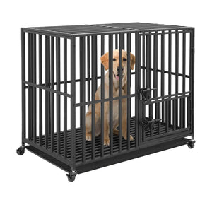 37” 42” 46” Heavy Duty Dog Cage Metal Pet Dog Crate 3 Doors Locks Design Kennel Playpen with 4 Lockable Wheels Removable Tray