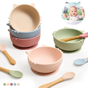 Let's make 1 Set Baby Silicone Feeding Bowl &Spoon Cartoon Cat Shape Waterproof Suction Bowl With Spoon Baby Tableware BPA Free