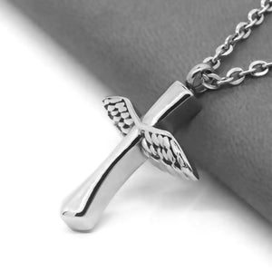 Funeral Angel Wings Cross Memorial Necklace Stainless Steel Urn Pendant Necklace For Ashes Cremation Keepsake Jewelry