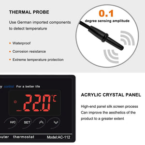 Yieryi AC-112 Digital Waterproof Temperature Controller Microcomputer Thermostat for Aquarium Reptile NTC Sensor