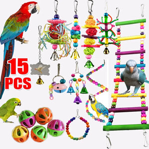 Combination Bird Toys Set Swing Chewing Training Toys Small Parrot Hanging Hammock Parrot Cage Bell Perch Toys with Ladder Toys