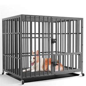 37” 42” 46” Heavy Duty Dog Cage Metal Pet Dog Crate 3 Doors Locks Design Kennel Playpen with 4 Lockable Wheels Removable Tray