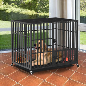 37” 42” 46” Heavy Duty Dog Cage Metal Pet Dog Crate 3 Doors Locks Design Kennel Playpen with 4 Lockable Wheels Removable Tray