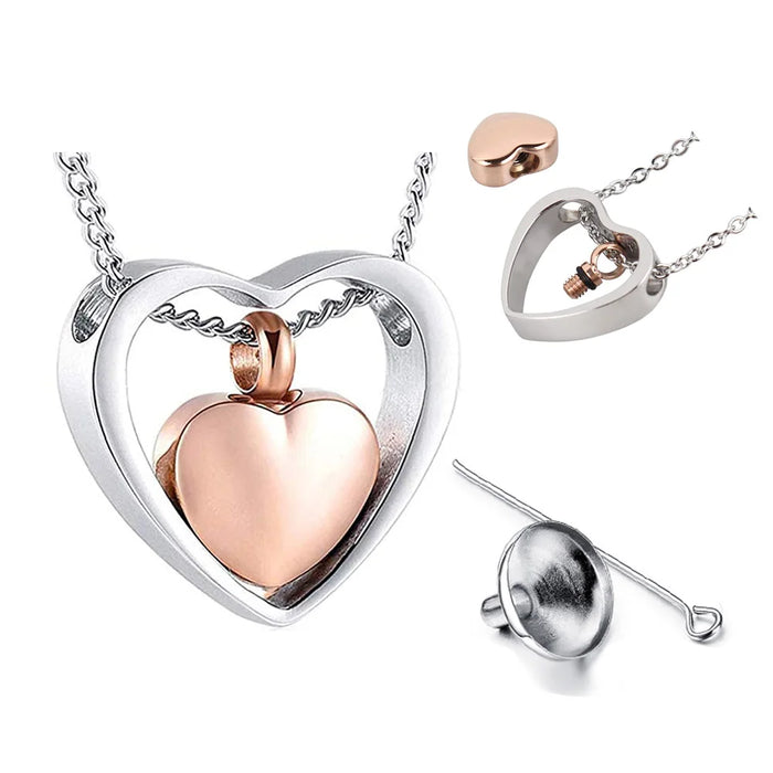 Double Heart Urn Necklace Cremation Jewelry Ashes Pendant Jewelry Funeral Ash Memorial Jewelry Stainless Steel Pendant Keepsake