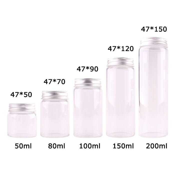 12pcs Dia 47mm 50ml/80ml/100ml/150ml/200ml Transparent Glass Spice Bottles Jar Terrarium with Silver Aluminum Lid Wedding Gift