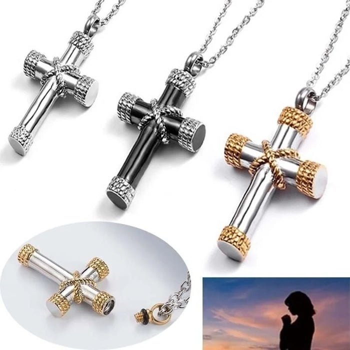 Classic Punk Fun Funeral Cremation Gold Color Cross Pendant Souvenir Necklace for Ash Memorial Jewelry