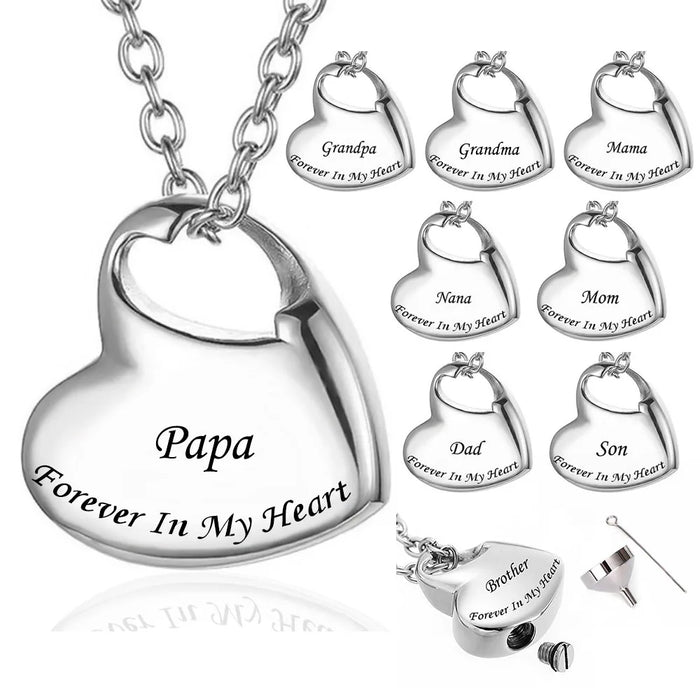 Stainless Steel Funeral Cremation Heart Forever In My Heart Pendant Keepsake Urn Necklace For Ashes Memorial Jewelry Mementos