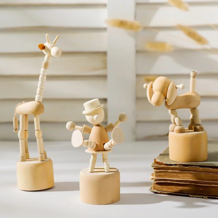 Cartoon wooden artwork movable puppet desktop figurine Ornaments clown horse giraffe dog statue crafts toy gifts home decoration