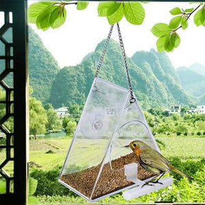 Triangle Transparent Bird Feeder Acrylic Metal Waterproof Hanging Birds Food Container for Indoor Outdoor decor