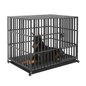 37” 42” 46” Heavy Duty Dog Cage Metal Pet Dog Crate 3 Doors Locks Design Kennel Playpen with 4 Lockable Wheels Removable Tray