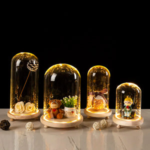 Glass Flower Display Cloche Bell Jar Terrarium Bottle  with Wooden Everlasting Flower Glass Cover with Feet LED Light Vases