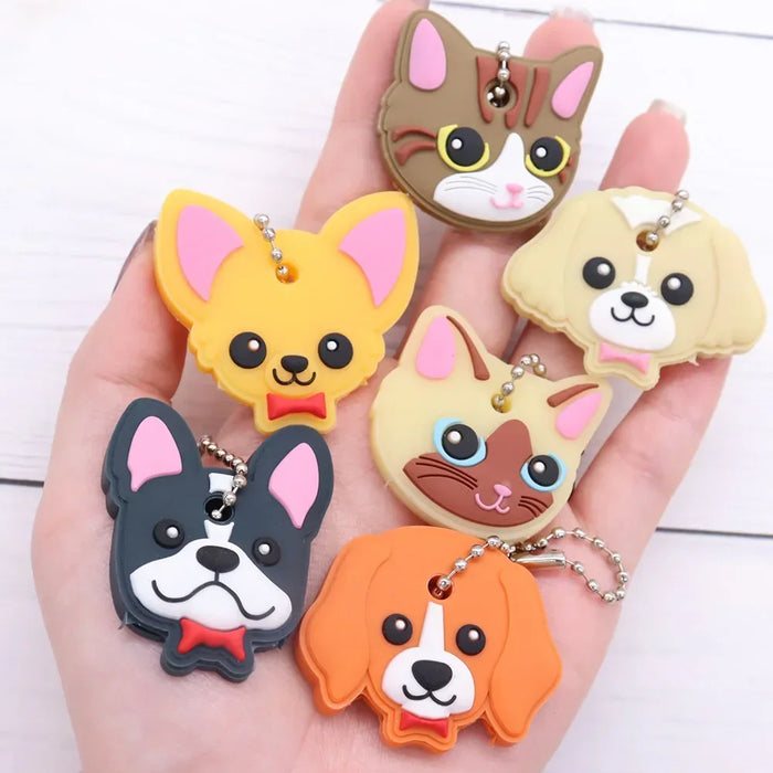 1pcs Cut Cartoon Animal Cat Dog Fox Key Cover Silicone Key Chains Women Funny Key Holder Caps Kids Party Gift