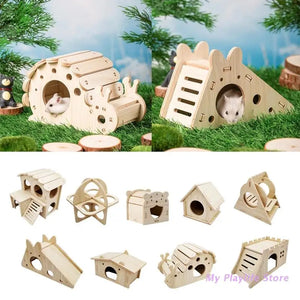 Hamster House Wooden Hideout Climbing Nest Habitat Decor Small Villa Toy for Mini Gerbils Golden Bears Guinea Pigs Small Pets