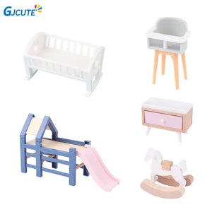 1/6 1/12 Scale Dollhouse Baby Bedroom Furniture Accessories Slide/Trojan Horse/Table/ Dining Chair/Bed For Kids Pretend Play Toy