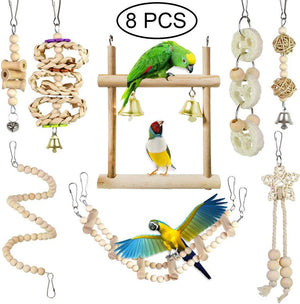 Combination Bird Toys Set Swing Chewing Training Toys Small Parrot Hanging Hammock Parrot Cage Bell Perch Toys with Ladder Toys