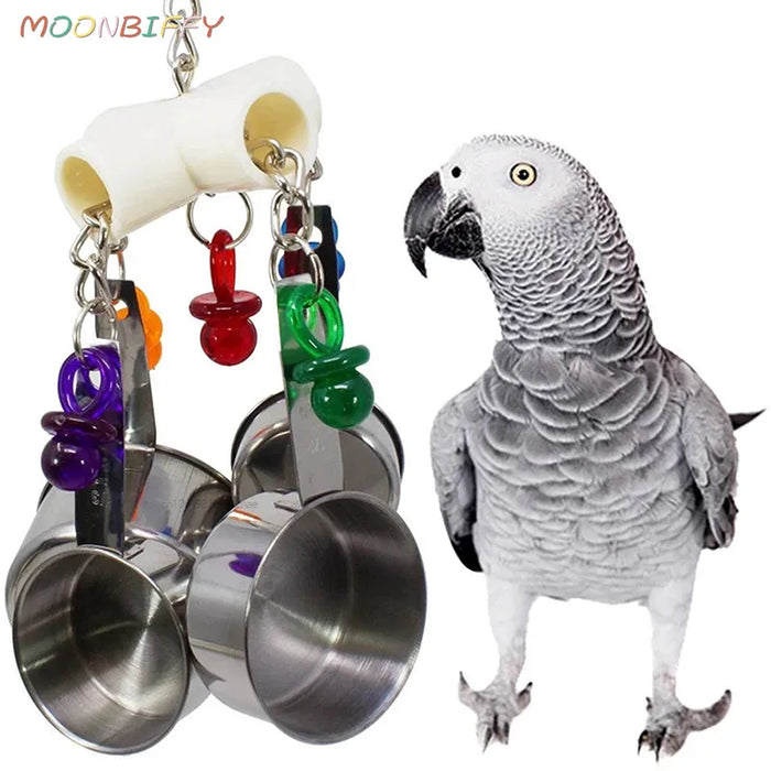 1pcs Pet Bird Parrot Toy 4 Stainless Steel Pots String Bird Chewing Bite Toys Acrylic Cage Accessories Pets Birds Supplies