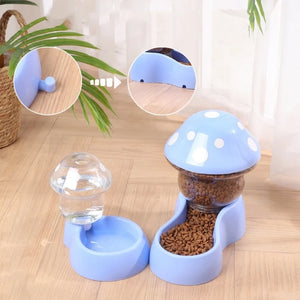 2pcs Cat Food Bowl Set Automatic Feeders and Water Dispenser Cute Mushroom Shape Feeding Bowl Water Bottle for Cats Small Dogs