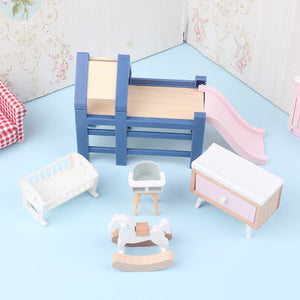 1/6 1/12 Scale Dollhouse Baby Bedroom Furniture Accessories Slide/Trojan Horse/Table/ Dining Chair/Bed For Kids Pretend Play Toy