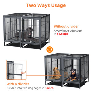 Heavy Duty Dog Crate: 52Inch Extra Large Pet Raised Metal Cage with Removable Divider - Doggy Kennel Training Playpen House