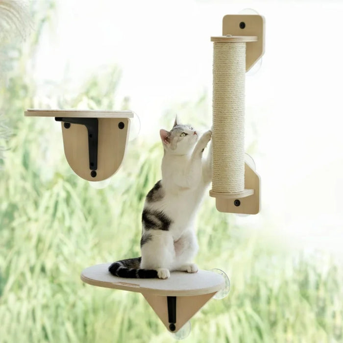 Mewoofun Cat Window Perch Hammock with Climbing Steps and Scratching Post Wooden Window Mounted Cat Bed for Indoor Cats