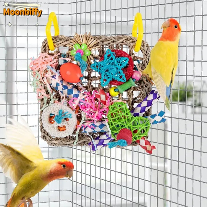 Bird Toys Foraging Wall Toy Edible Seagrass Woven Climbing Mat with Colorful Chewing Toys for Parakeet Bird Toys Parrot