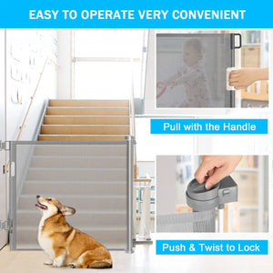 Retractable Baby Gates,150x86cm Dog Gate Extra Wide Doorways Mesh Children Safety Mesh Gate, Pet Dog Gate for Stairs