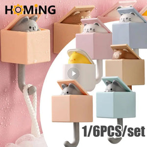 1/6pcs Cute Wall Hooks Key Holder Door Hanging Plastic Self Adhesive Wall Hanger Cartoon Cat Shape Hook For Kids Room Home Decor