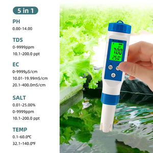 Smart 5 in 1 Salinity EC TDS Temp pH Meter Bluetooth Water Quality PH Tester APP Control for Aquarium Swimming Pool Fish Tank