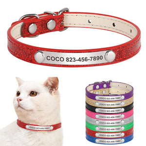 Custom Cat Collar Bling Leather Pet Cat Collars Personalized Carved Kitten Small Dogs Puppy Necklace With Engraved ID Nameplate