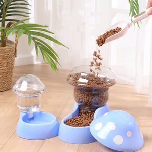 2pcs Cat Food Bowl Set Automatic Feeders and Water Dispenser Cute Mushroom Shape Feeding Bowl Water Bottle for Cats Small Dogs