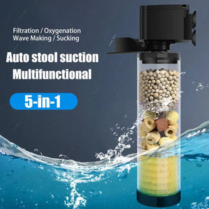 220V 5-IN-1 Silent Filter for Aquarium Turtle Fish Tank Submersible Water Pump Sponge Filter Skimmer Make Waves Accessories