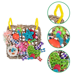 Bird Toys Foraging Wall Toy Edible Seagrass Woven Climbing Mat with Colorful Chewing Toys for Parakeet Bird Toys Parrot