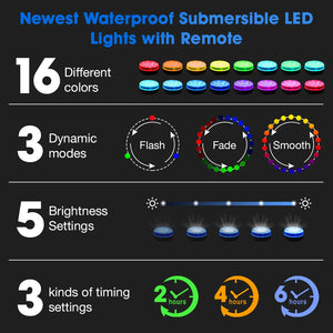 Updated Submersible LED Lights with Remote Underwater Pool Light IP68 Magnet 13 LED Bright Lamp RGB for Pond/Pool/Aquarium