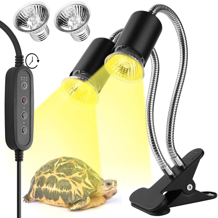 iGrowsla 2 Head Reptile Heat Lamp, 50W UVA/UVB Habitat Spot Light with Timer 2/4/8h and Dimming Clamp for Turtles, Lizard, Snake