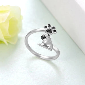 Creative Cute Black Dog Paw Pug Open Ring for Women Exquisite Pet Puppy Memorial Jewelry Accessories Dog Lovers Holiday Gift