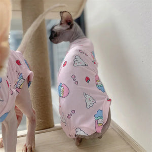 Cooling Fabric pajamas for Sphynx Cat Summer Cute 4-legged Vest for Female Kittens Soft Pink T-Shirt for Devon Rex Cat Supplies