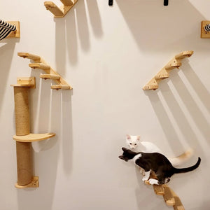 Wall Mounted Cat Shelves Scratching Post Wooden Cat Tree Perches for Wall Cat Steps Ladder Hammock Cat Climbing Wall Furniture