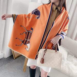 2023 Animal Print Winter Cashmere Scarf Women Thick Warm Shawls Wraps Luxury Brand Horse Printed Pashmina Blanket Cape