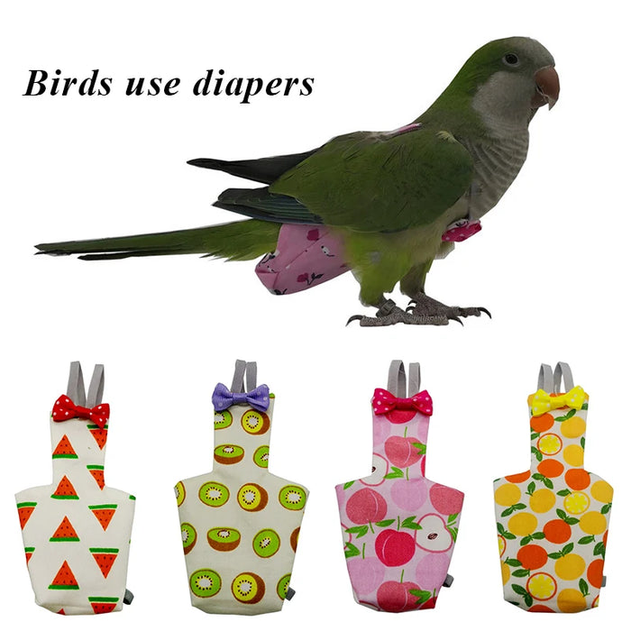 Cute Parrot Diaper with Bowtie Colorful Fruit Floral Cockatiel Pigeons Small Medium Large Pet Birds Flight Suit Clothes Washable