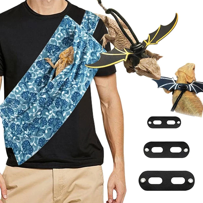 Fleece Printing Bearded Dragon Carrier Bags Creative Lizard Harness Leashes with Wings Carrying Small Animals Reptile Travel Kit