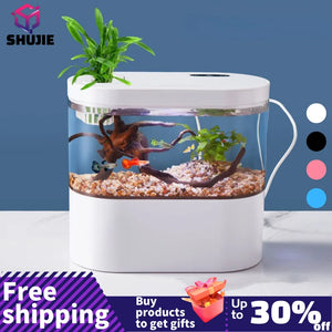 Desktop Creative Mini Aquarium Fish Tank with Biochemical Filtration System and LED Light Betta Fish Ecological Water Cycle