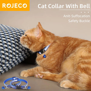 ROJECO Cat Collar with Bell Reflective Colorful Night Safety Collar For Cats Adjustable Cat Kitten Necklace Pet Leash Supplies