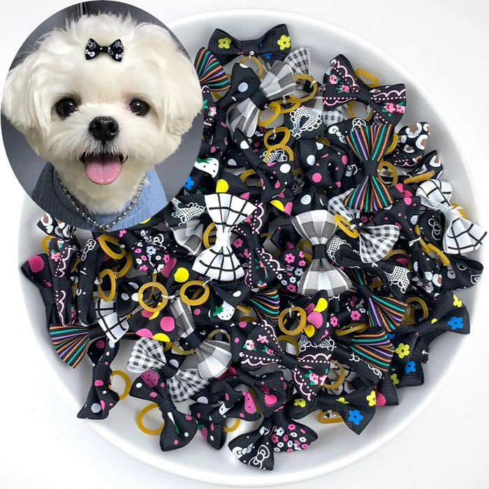 Set Cute Yorkie Pet Bows Small Dog Grooming Accessories Rubber Bands Puppy Cats Black White  Plaid Dogs Bows Headwear Pet Items