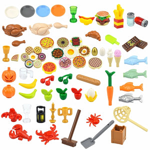 MOC City Mini Building Block Food Accessories Fish Apple Hot Dog Cake Pizza Fries Chicken Figures Brick Box Plate Compatible Toy