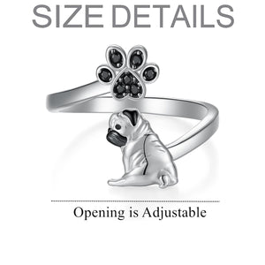 Creative Cute Black Dog Paw Pug Open Ring for Women Exquisite Pet Puppy Memorial Jewelry Accessories Dog Lovers Holiday Gift