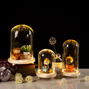 Glass Flower Display Cloche Bell Jar Terrarium Bottle  with Wooden Everlasting Flower Glass Cover with Feet LED Light Vases