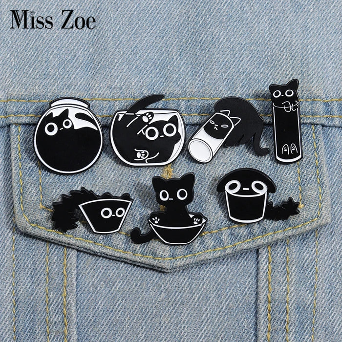 Cute Cat Enamel Pins Custom Black Kitten Terrarium Brooches Lapel Badges Cartoon Animal Jewelry Gift for Kids Friends